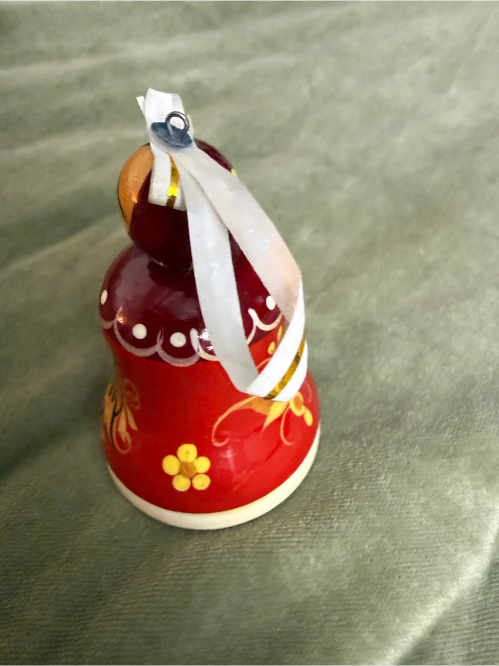 Vintage Hand-Painted Russian Roly Poly Doll Bell Ornament in Red and Gold #